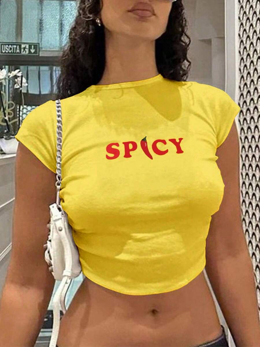 INAWLY Women's Summer Letter Printed Round Neck Crop Sleeve Cropped Casual T-Shirt Graphic Tees Women Tops - Yellow - View 1