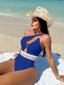 SHEIN Swim Đồ bơi một mảnh in hình một vai kiểu kỳ nghỉ dành cho nữ - Xanh đậm - Xem 1