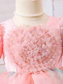 Vestido de Malha Fofa com Manga Bufante para Meninas Bebês - Rosa - Ver 3