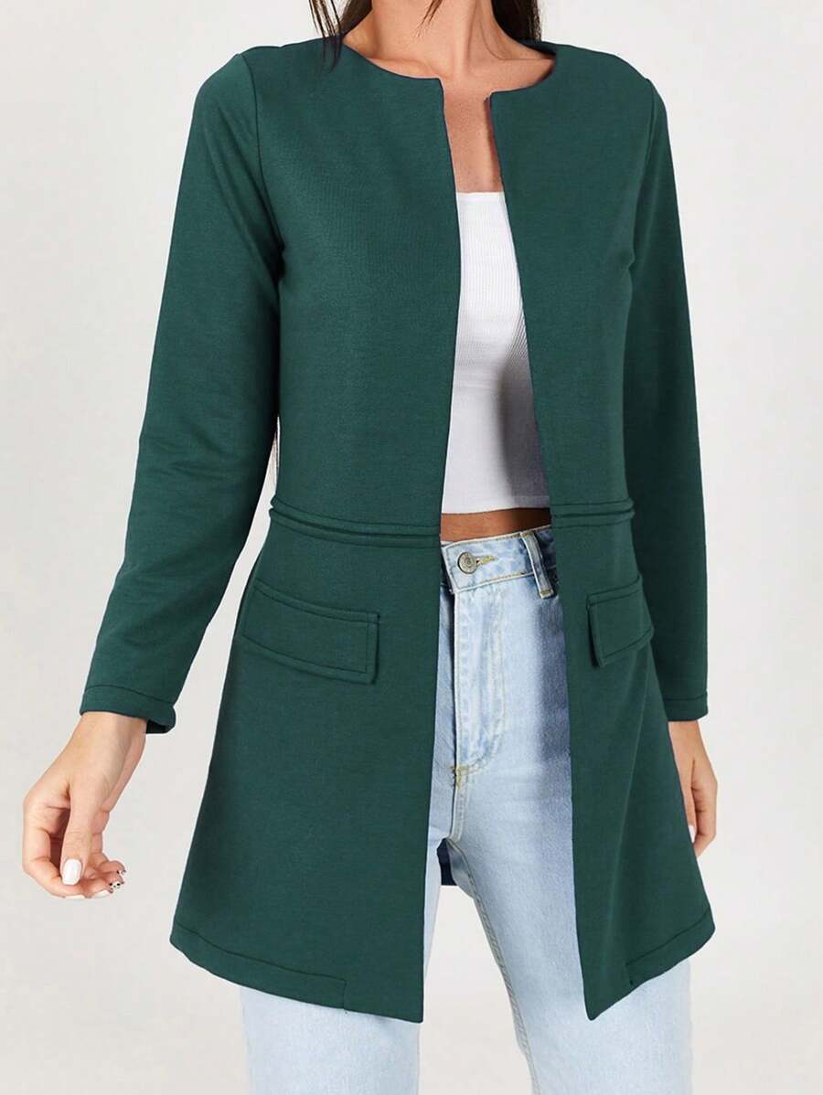 RueChic Solid Flap Detail Open Front Coat - Green - View 1