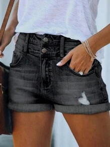 Women's Distressed Two-Button Roll Hem Casual Basic Denim Shorts - Black - View 6