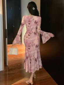 DAZY 女士夏季优雅雪纺蝴蝶印花扭曲 V 领喇叭袖美人鱼礼服舞会礼服 - 粉色 - 查看 5