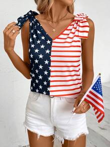 SHEIN Essnce Camiseta simple de mujer con rayas y estampado de estrellas para uso diario en el Día de la Independencia de Estados Unidos