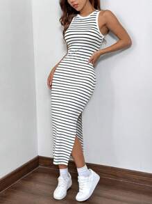 SHEIN EZwear Damen Sommer Freizeitkleid in schwarz-weiß gestreiftem Slim Fit mit ärmellosem Schnitt und seitlichen Schlitzen