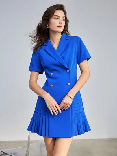 SOLID LAPEL COLLAR DOUBLE BREASTED PLACKET PLEATED HEM BLAZER DRESSMotf