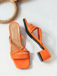 Giày sandal cao gót màu cam dành cho nữ, kiểu dáng hở mũi, gót chunky, quai ngang, thanh lịch, chất liệu da PU, thích hợp cho mùa xuân/hè. - trái cam - Xem 2