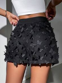 Allurite 3D Butterfly Embroidery Women's Shorts - Black - View 2