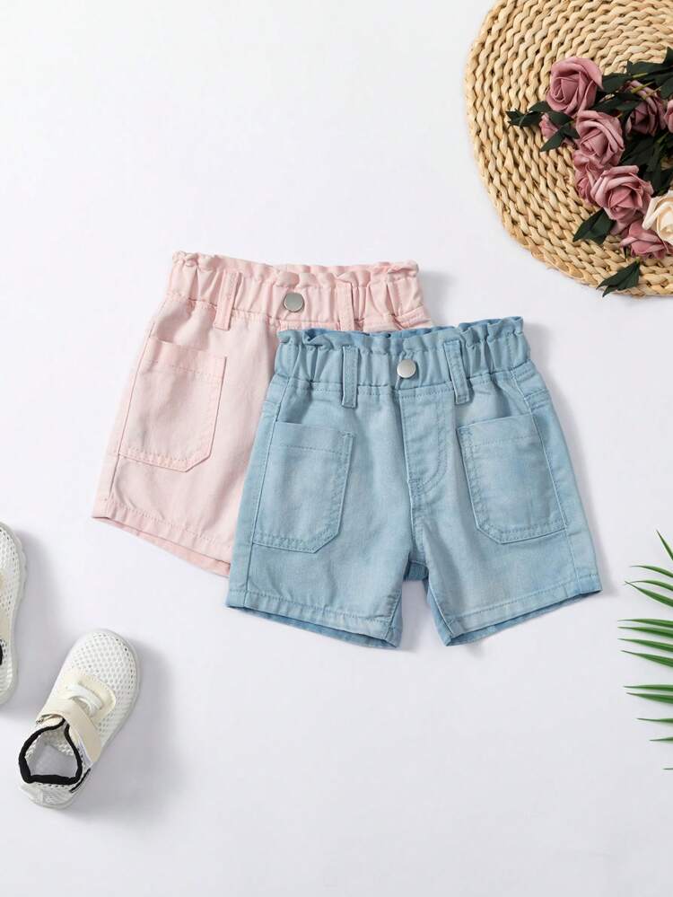 Baby Girl Light Blue & Pink 2pcs Washed Denim Shorts Set