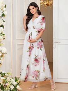 Loomaby Maternity Elegant Rose Floral Print V-Neck Wrap Short Sleeve Dress, Loose Fit For Pregnant Women - Red and White - View 5