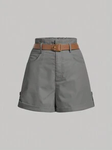 SHEIN MOD Slant Pocket Belted Khaki Straight Shorts With Free Belt - Grey - View 1