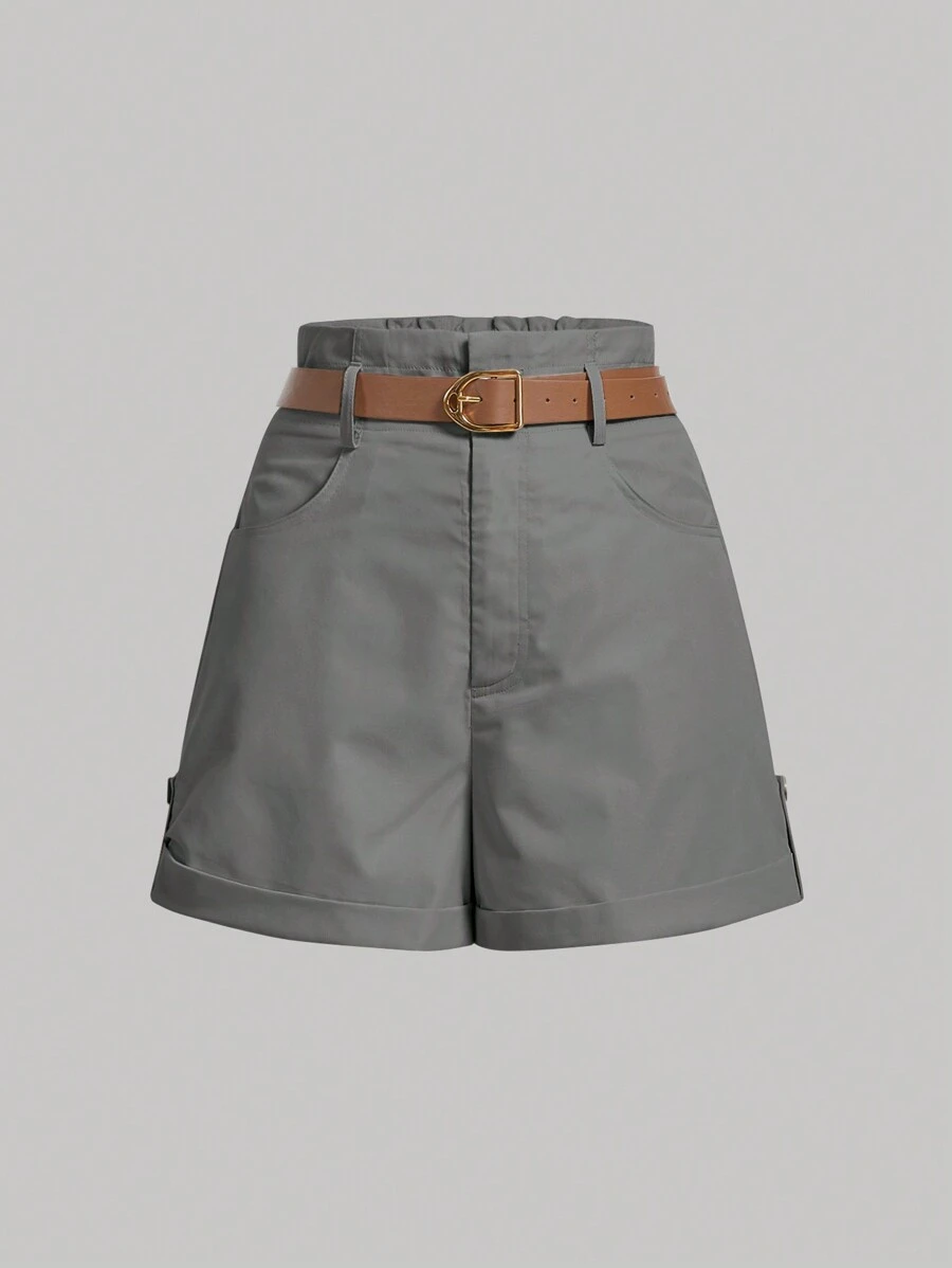 SHEIN MOD Slant Pocket Belted Khaki Straight Shorts With Free Belt - Grey - View 1