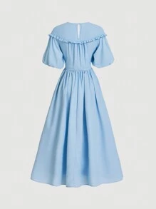 SHEIN MOD 夏季长款蓝色连衣裙，复古印花，荷叶边下摆，短袖 - 藍色 - 查看 2