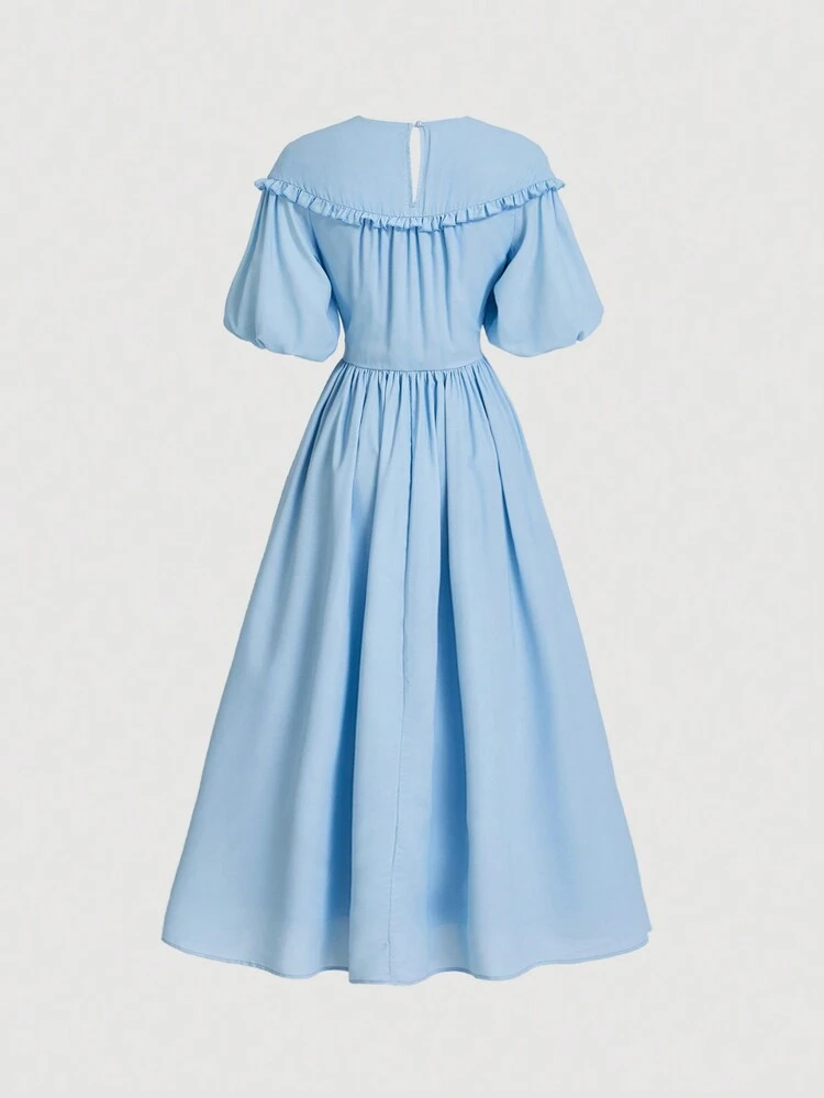 Summer Long Blue Dress With Vintage Print And Frill Hem, Short Sleeves