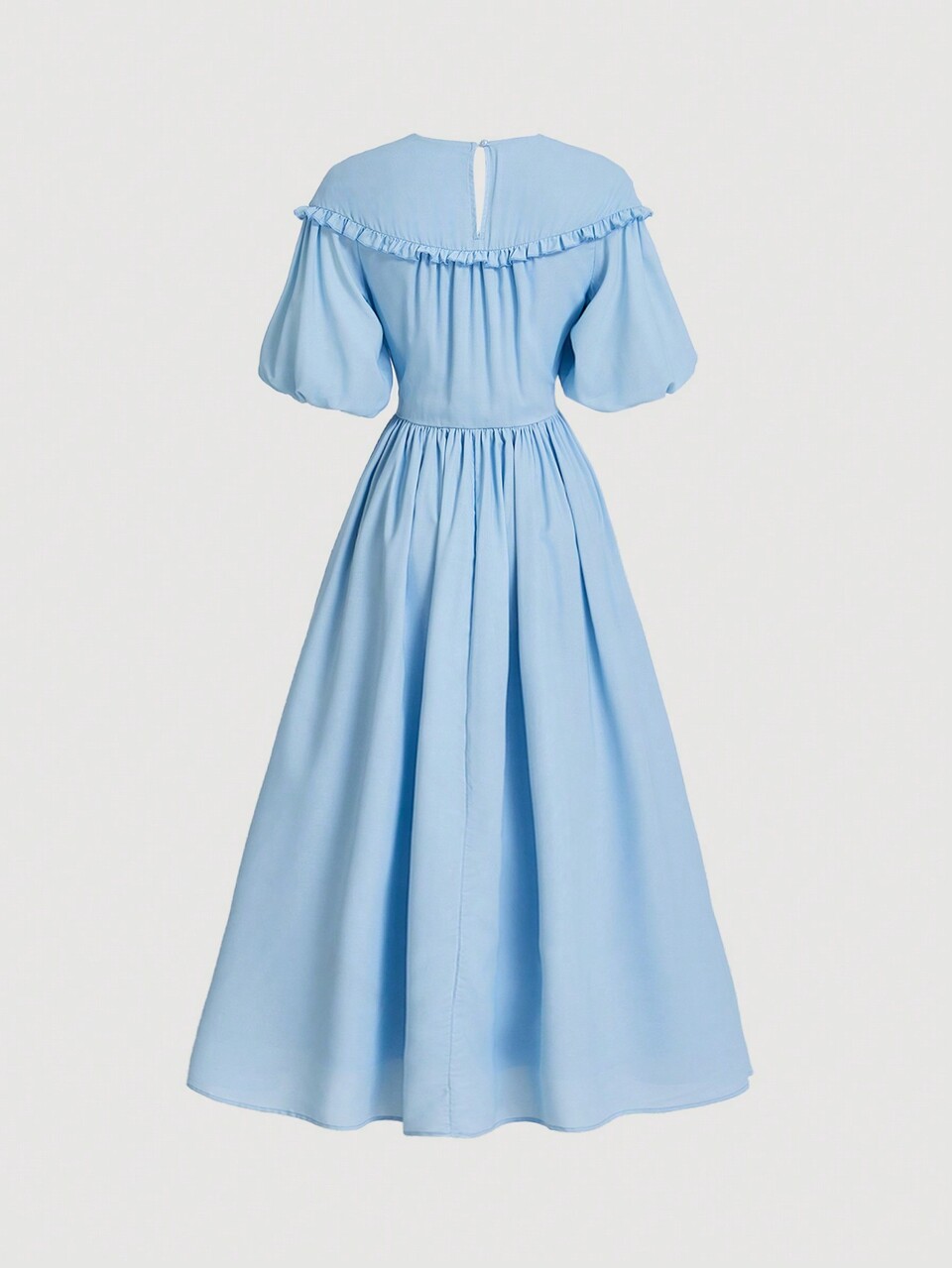Summer Long Blue Dress With Vintage Print And Frill Hem, Short Sleeves