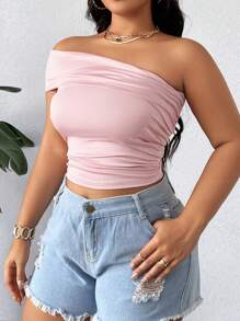 Calvaya Sommerliche Damen Große Größen einfarbige One-Shoulder-Crop-Slim-Top mit Falten
