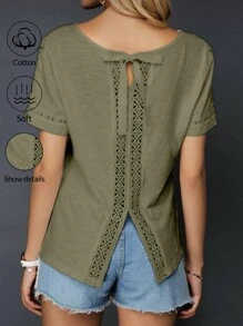 SHEIN Frenchy Camiseta de verano para mujer con cuello en V, encaje en la parte trasera como decoración
