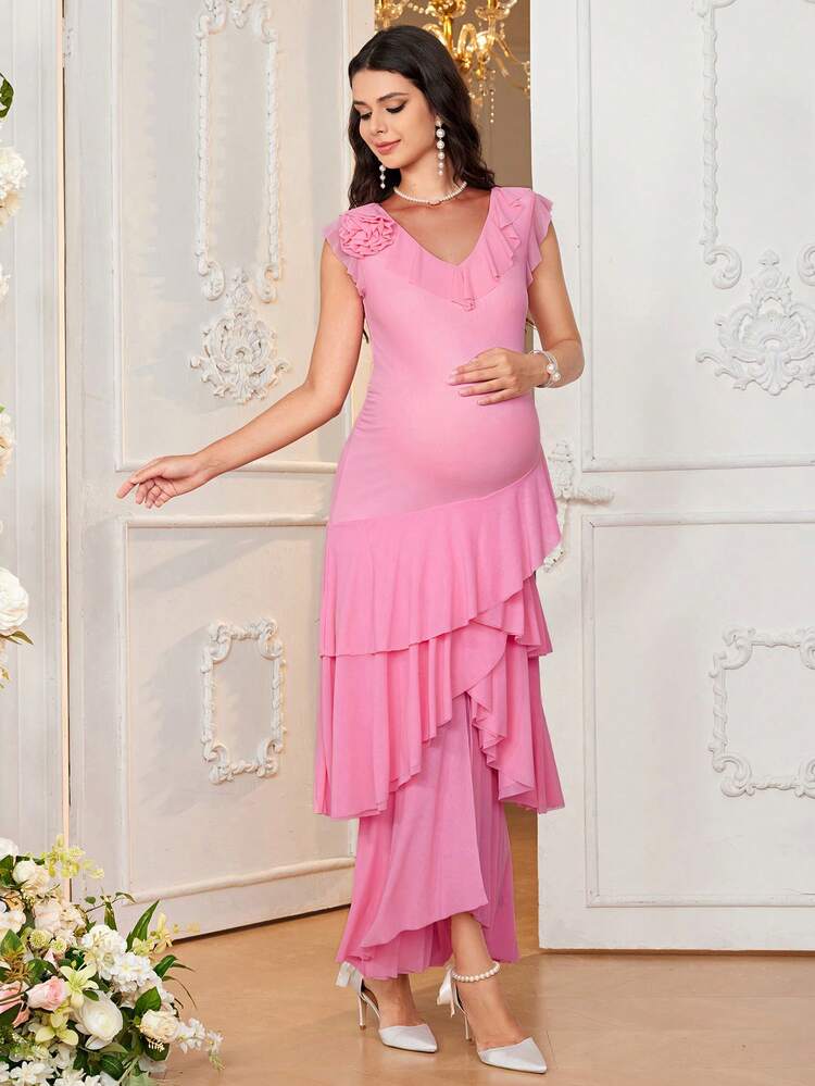 Maternity Elegant V-Neck Mesh Bodycon Dress With Ruffle Sleeves, Floral Rose Pattern, Long Length, Suitable For Festivals, Young And Mature Women