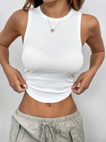 SHEIN EZwear Summer Outfit White Casual Solid Curved Hem Ruched Tank Top - White - View 5