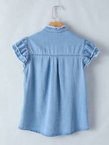 Acelitt Casual Solid Color Sleeveless Denim Crop Top With Ruffle & Fringe Trim - Blue - View 6