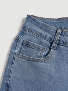 SHEIN MOD Women's Solid Color Simple Bows Decoration Flared Jeans For Daily Wear - Light Wash - View 4
