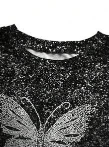 SHEIN Slayr 大尺寸夏季休閒蝴蝶印花漸變閃亮短袖和短褲2件套裝 - 黑與白 - 查看 3