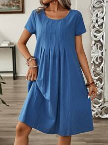 EMERY ROSE Women's Summer Pleated Short Sleeve Casual Dress Linen Dress
