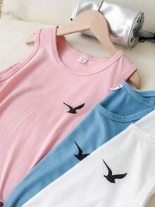 SHEIN Tween Boys' 3pcs/Set Loose Fit Summer Casual Round Neck Seagull Print Tank Top - Multicolor - View 4