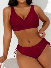 SHEIN Swim Ensemble bikini croisé unicolore pour femmes pour plage et été, ensemble bikini sexy pour les vacances - Rouge foncé - Voir 1