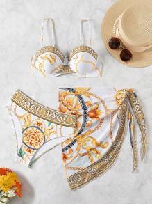 SHEIN Swim 女士夏季沙滩链印花比基尼套装和裹身裙度假三件套比基尼套装女士夏季泳衣套装 - 白色 - 查看 1