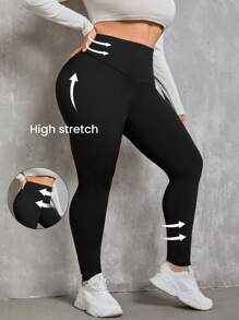 SHEIN Essnce 大碼素色寬腰帶緊身打底褲 - 黑色 - 查看 1