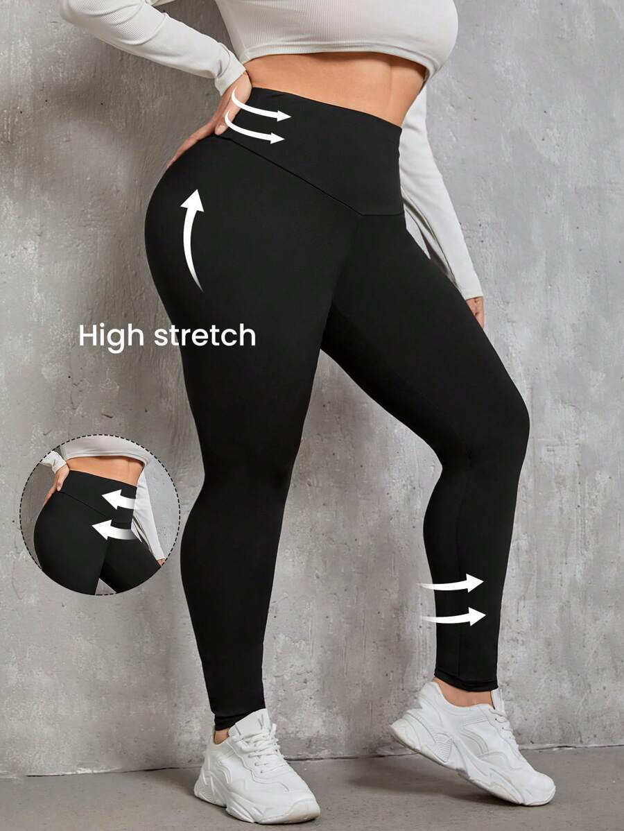 SHEIN Essnce 大碼素色寬腰帶緊身打底褲 - 黑色 - 查看 1