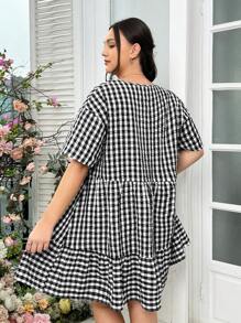 SHEIN EZwear 女裝加大尺碼鬆身黑白格紋層次短袖蛋糕裙 - 黑與白 - 查看 2