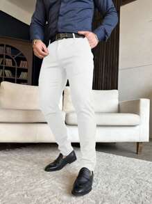 Calvornis Solid Color Business Style Suit Trousers With Pockets - Beige - View 3