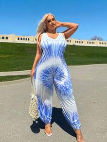 SHEIN SXY Summer Sleeveless Loose Tie Dye Jumpsuit - Baby Blue - View 4