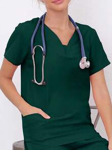Solid Color Short Sleeve Top And Pants Scrub Uniform Set - Dark Green - View 3