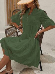 SHEIN LUNE Vestido de playa con cuello de solapa, mangas cortas y tejido con efecto de quemado, con botonadura simple y unicolor para mujer