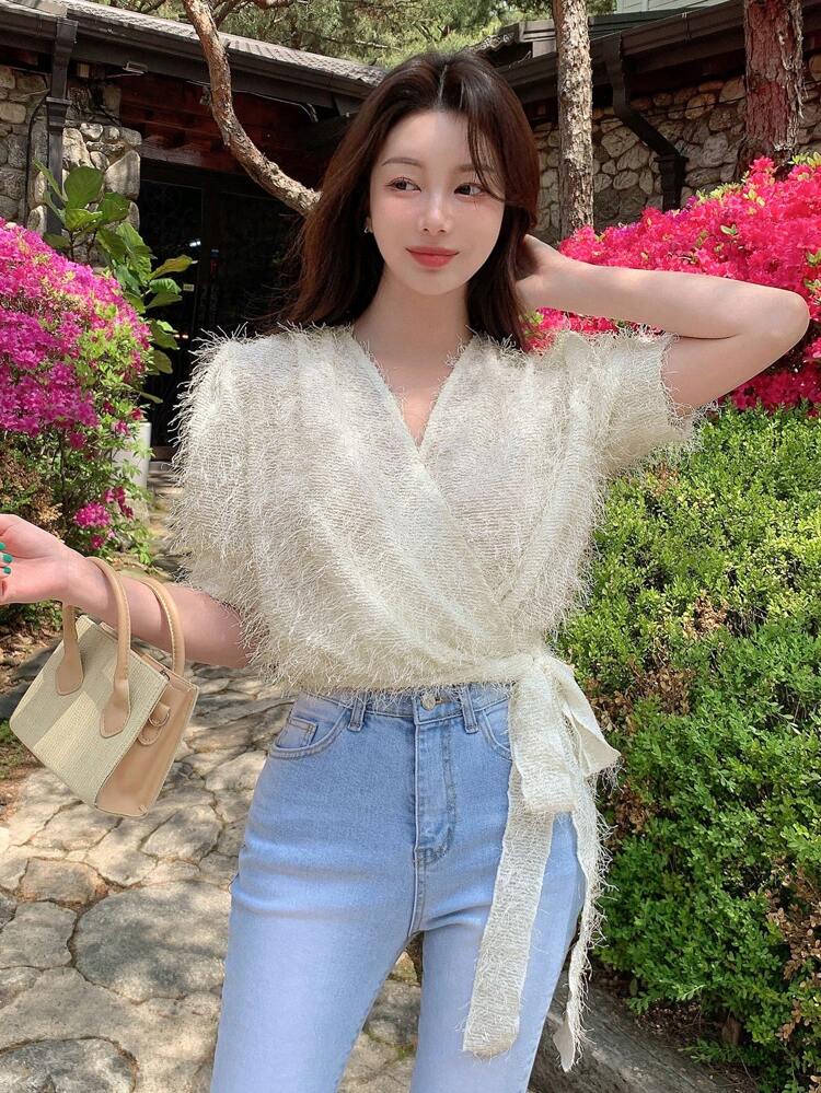 Women's Summer Elegant Wrap V-Neck Short Puff Sleeve Waist Tie Blouse Long Sleeve Top
