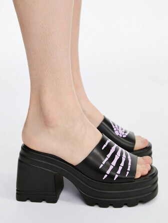 Goth Zapatillas de ocio de mano de calavera gruesa y cómoda para mujer