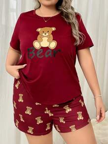 DUSKBASE Bộ đồ ngủ ngắn tay và quần đùi in chữ Plus Size & Gấu hoạt hình cho mùa hè - Màu Đỏ Sâu - Xem 1