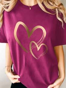 Calvaya Áo thun tay ngắn cổ tròn in hình trái tim cỡ lớn cho mùa hè - Màu Đỏ Sâu - Xem 1