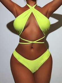 Swim SXY Women's Solid Color Halter Cutout Bikini Set With Neck Straps, Sexy Two-Piece Bikini Set For Vacation Summer Beach