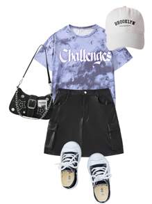 SHEIN Conjunto para chica adolescente que incluye camiseta extragrande con estampado tie-dye y falda con diseño impreso - Negro - Ver 1