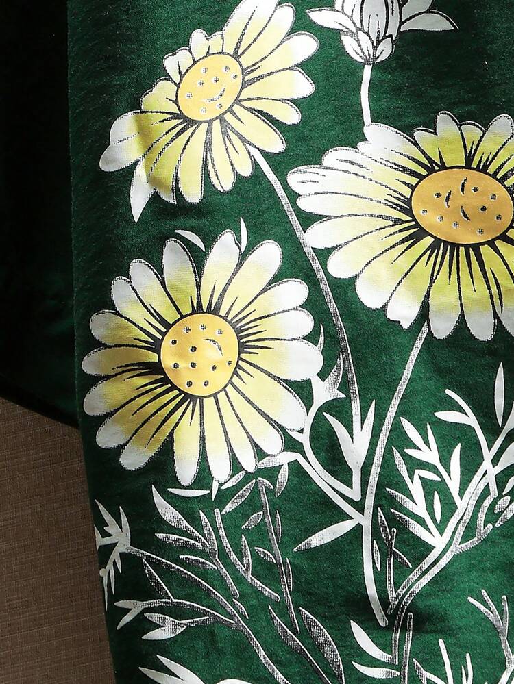 Camisa casual de verano con cuello redondo y flores de talla grande - Verde - Añade 6