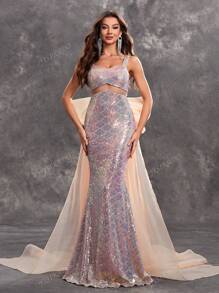 YISIKADO Vestido de noche elegante y formal para mujer con cuello corazón, espalda descubierta, lazo en la espalda, estilo sirena de tul y lentejuelas de lujo, ideal para graduación, cena