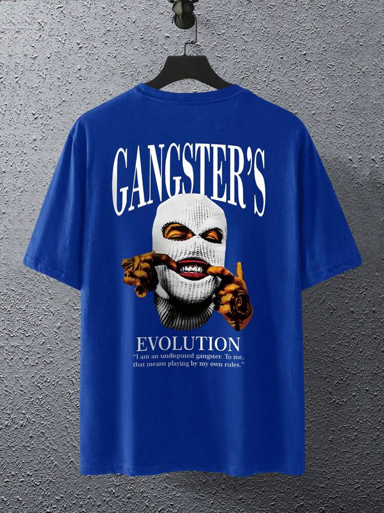 Manfinity Dauomo Men's Summer Character Printed Round Neck Short Sleeve Casual T-Shirt With Slogan Face Mask - Royal Blue - View 3