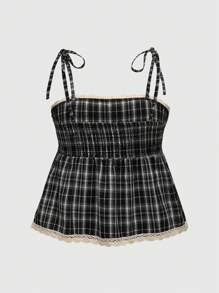 ROMWE Academia 女士复古格子休闲蕾丝边纽扣细节吊带背心，学校