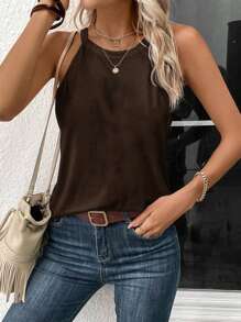 SHEIN LUNE Women Casual Tight-Fitting Halter Neck Cami Top Suitable For Summer - Brown - View 4