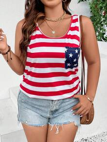 Flirla Plus Size Star Striped Colorblock Sleeveless Tank Top - Multicolor - View 6