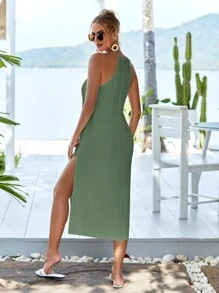 SHEIN Cottnline Solid Split Hem Halter Dress - Army Green - View 5