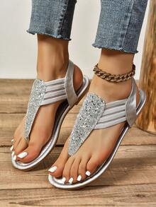 Sandalias planas de verano para mujer con decoración de pedrería, color plateado - Plateado - Ver 5